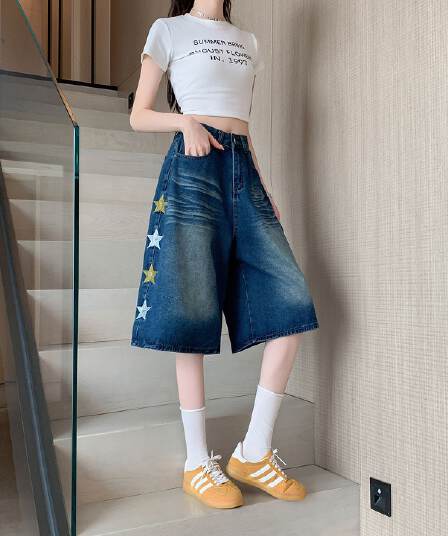 아메리칸 별 자수 워싱 데님 7부 바지 여성 여름 캐주얼 바지 넓은 다리가 짧다. 바지
