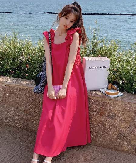 2026 년 Feifei 소매 표지 고기 라스베리 어린이 소스 네온 분말 민소매 루즈핏 드레스 여름 디스플레이 화이트 루즈핏 롱 스커트