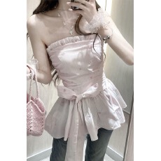 批发韩系特别漂亮的掐腰粉色条纹抹胸上衣女带收腰显瘦少女感露肩抹胸