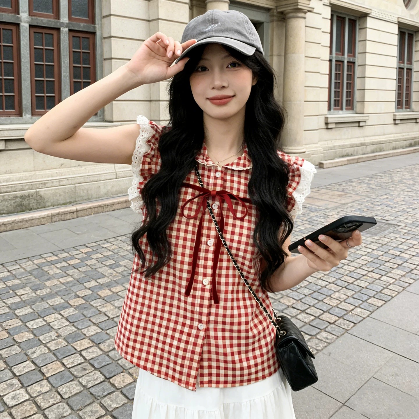 한 부서 레트로 빨간색 체크무늬 반팔 여성 셔츠 여름 새로운 작은 키 프랑스식 베이비 칼라 아름다운 맨위 트렌디