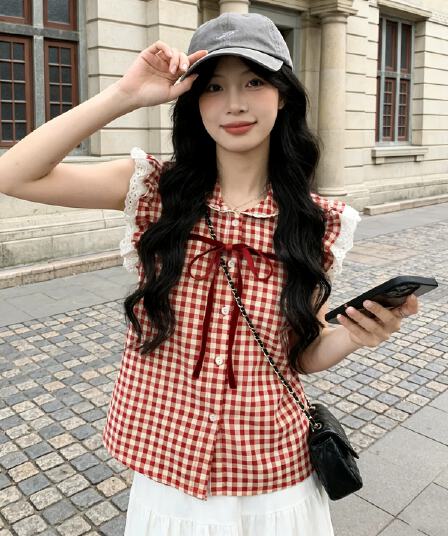 한 부서 레트로 빨간색 체크무늬 반팔 여성 셔츠 여름 새로운 작은 키 프랑스식 베이비 칼라 아름다운 맨위 트렌디