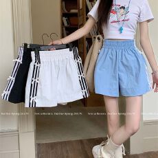 批发蝴蝶结休闲短裤女夏季新款小个子宽松三条杠运动阔腿热裤