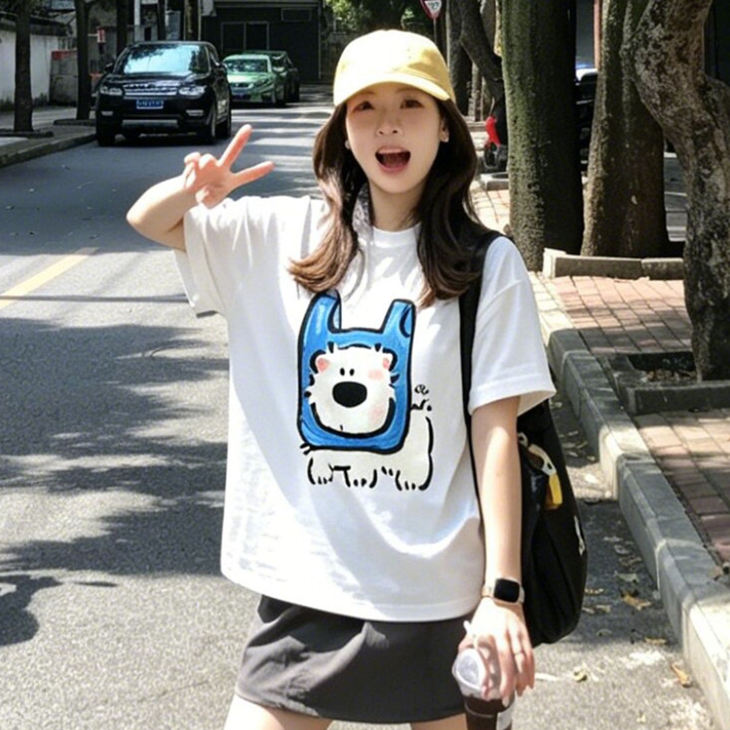 2026 여름 새로운 순면 220 그램 빅 사이즈 루즈핏 프린트 반팔 티셔츠 여성