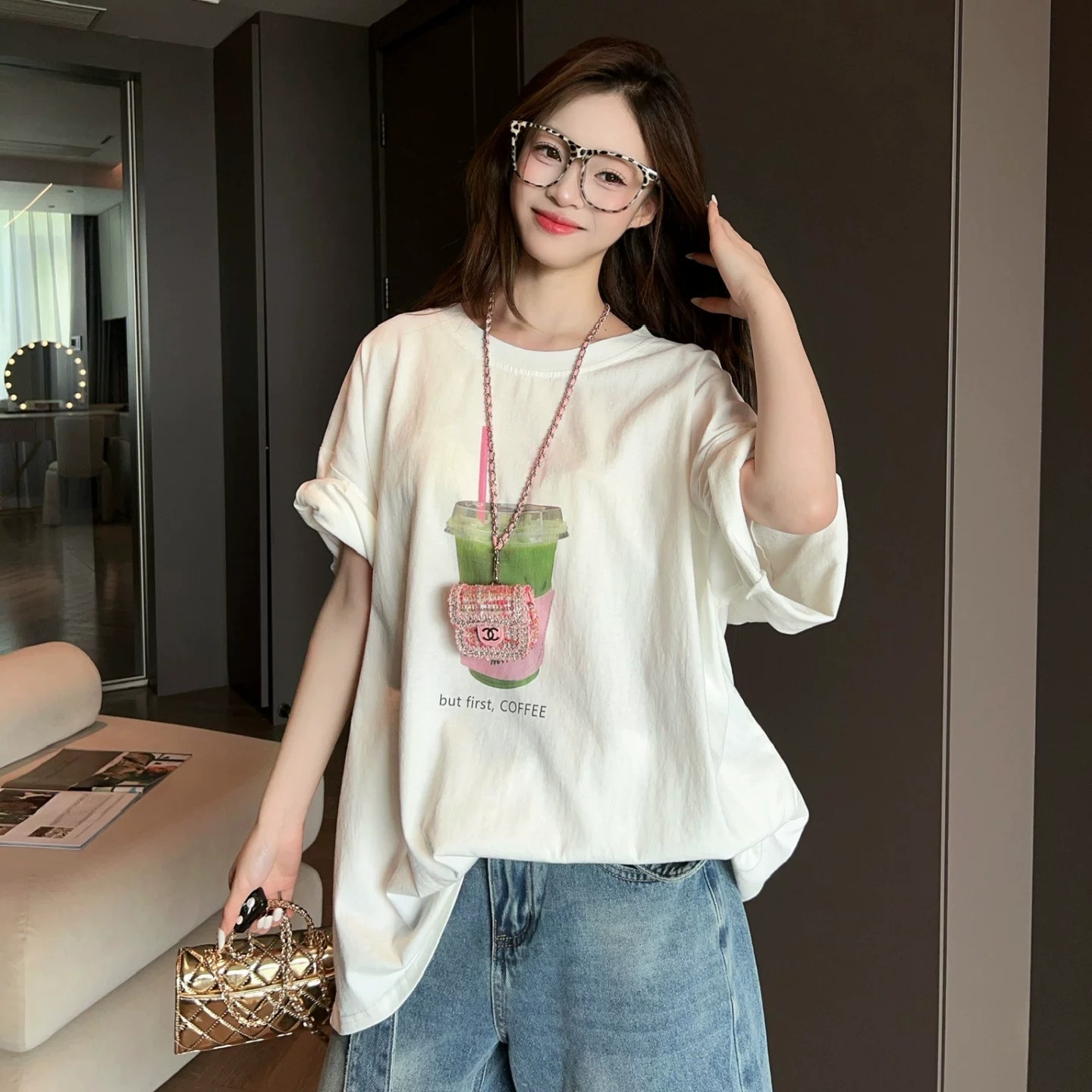 21 순면 210 그램 이후 패키지 칼라 여름 드레스 한 부서 반팔 티셔츠 여성 한국 스타일 루즈핏 빅 사이즈 프린트