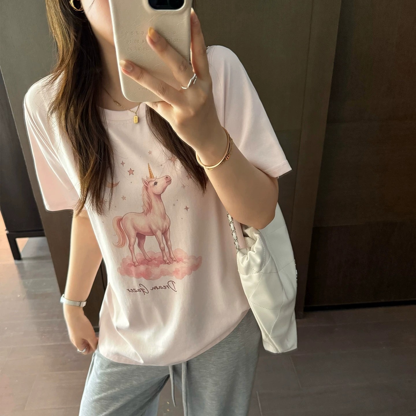 21 순면 210 그램 이후 패키지 칼라 여름 드레스 한 부서 반팔 티셔츠 여성 한국 스타일 루즈핏 빅 사이즈 프린트
