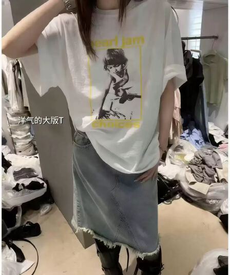 21 순면 210 그램 이후 패키지 칼라 여름 드레스 한 부서 반팔 티셔츠 여성 한국 스타일 루즈핏 빅 사이즈 프린트