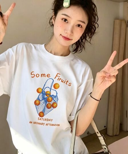 21 순면 210 그램 이후 패키지 칼라 여름 드레스 한 부서 반팔 티셔츠 여성 한국 스타일 루즈핏 빅 사이즈 프린트