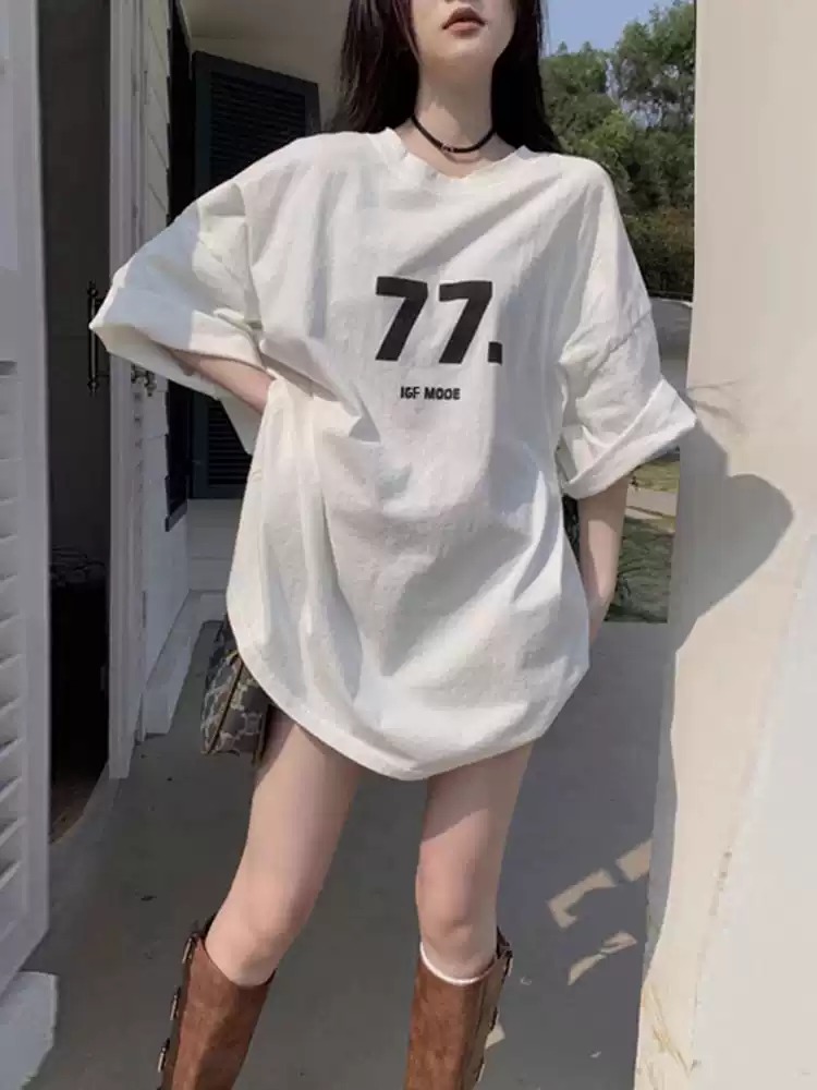 21 순면 210 그램 이후 패키지 칼라 여름 드레스 한 부서 반팔 티셔츠 여성 한국 스타일 루즈핏 빅 사이즈 프린트