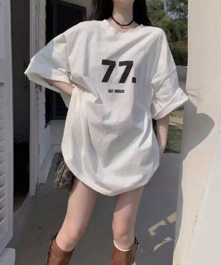 21 순면 210 그램 이후 패키지 칼라 여름 드레스 한 부서 반팔 티셔츠 여성 한국 스타일 루즈핏 빅 사이즈 프린트