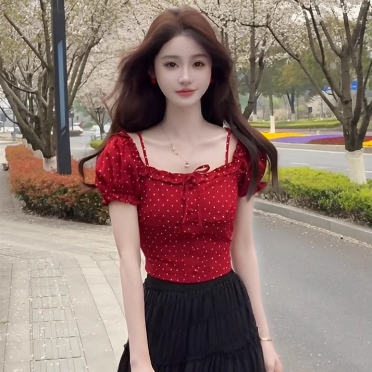 레트로 달콤함 빨간색 도트 무늬 맨위 여름 여행 착용 가져 가라. 오프숄더 오프숄더 반팔