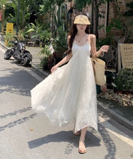 순수한 욕망 바람 행침 목 쉬폰 여성 드레스 여름 해변가 휴가 프랑스식 백리스 치마 고급 센스 화이트 롱 스커트
