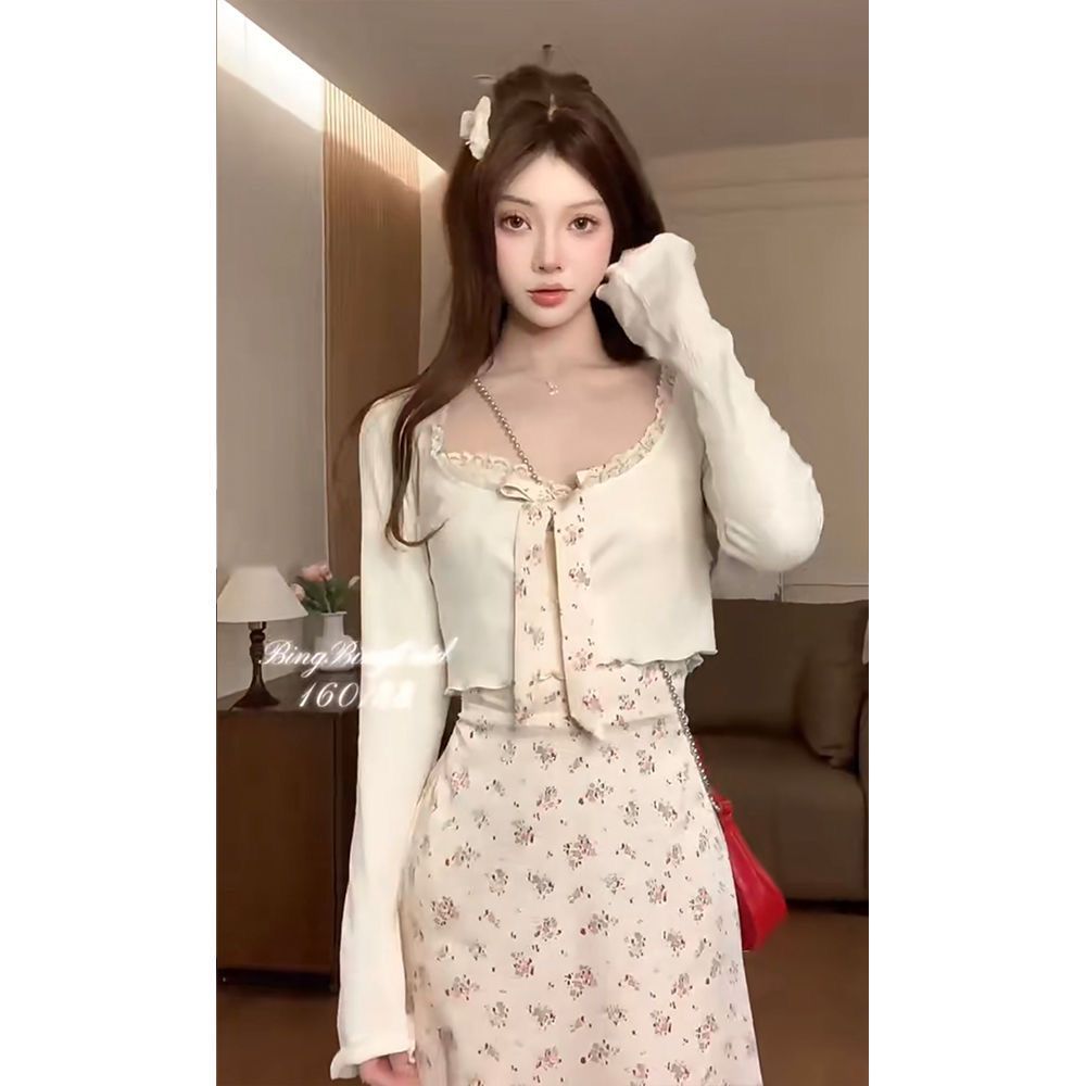 안개 남자 꽃 바다 허리 수축 슬림해 보이는 순수한 욕망 바람 달콤함 꽃무늬 슬립 드레스 오픈 가디건 투피스 슈트 여성 봄 여름