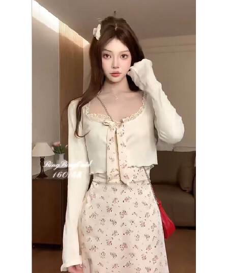 안개 남자 꽃 바다 허리 수축 슬림해 보이는 순수한 욕망 바람 달콤함 꽃무늬 슬립 드레스 오픈 가디건 투피스 슈트 여성 봄 여름