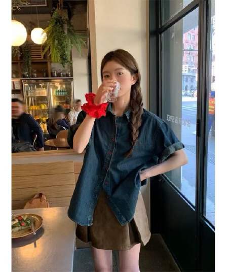 레트로 반팔 데님 여성 셔츠 여름 얇은 스타일 루즈핏 슬림해 보이는 캐주얼 작은 키 루즈핏 느긋한 맨위
