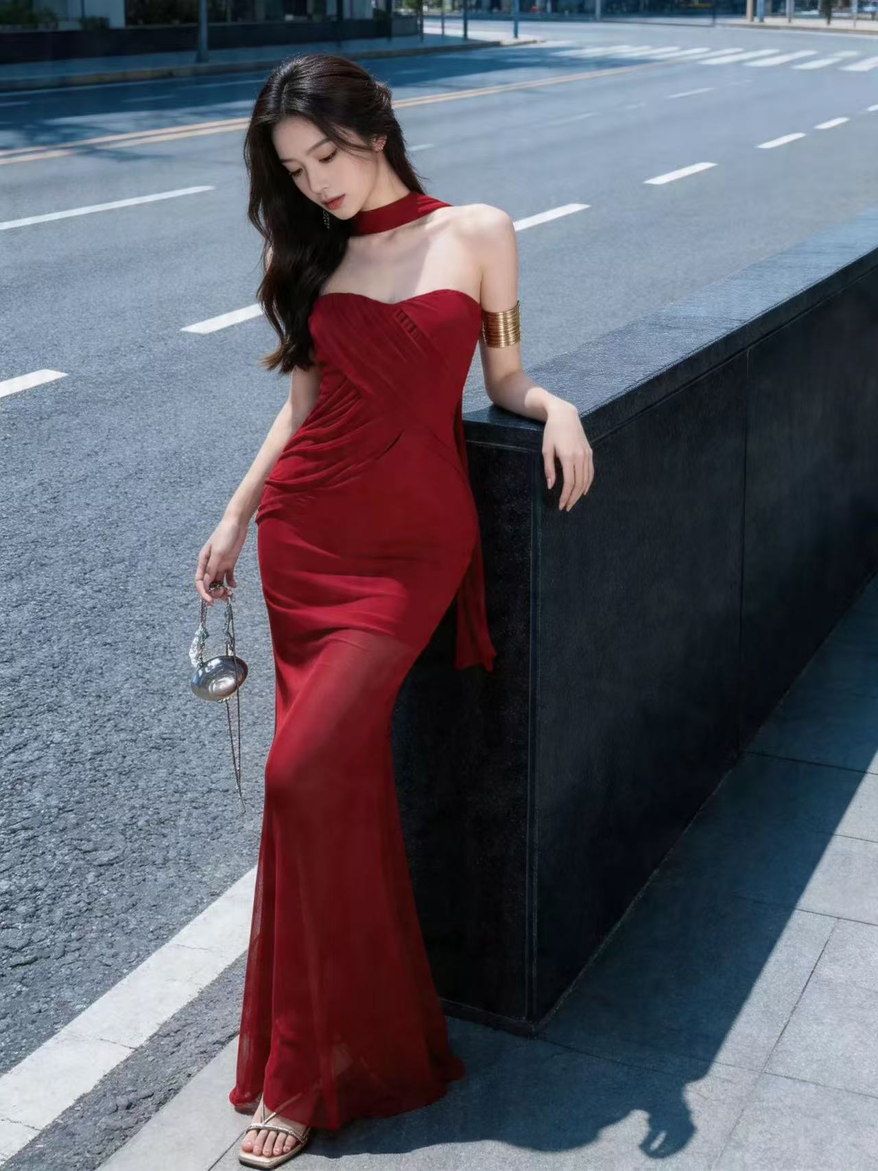 오프숄더 빨간색 프랑스식 신축성 망사 튜브탑 허리 수축 품격 명문 여성 여성 드레스 롱 코트 타이트 타이트 스커트