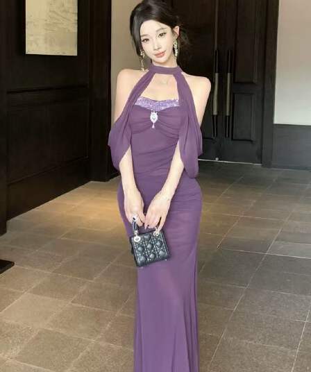 가슴 패드 장식품 투피스 세트 명문 여성 핫걸 섹시함 오프숄더 튜브탑 롱 스커트 품격 허리 수축 몸매 가꾸기