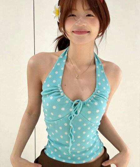 아메리칸 새로운 디자인 센스 도트 무늬 행침 목 백리스 조끼 핫걸 여름 외출용 슈퍼 잘 생긴 몸매 가꾸기 슬림해 보이는 맨위