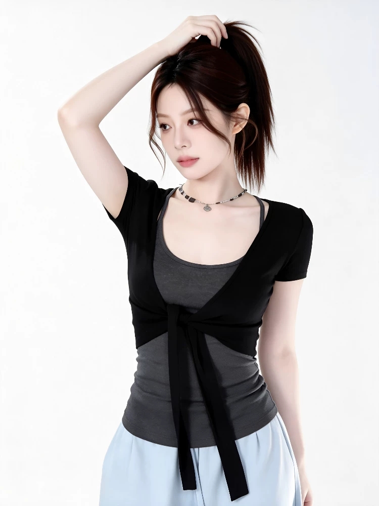 사람들 면 260 그램 스트랩 반팔 오픈 가디건 슬립 두 조각 여성 세트 여름 외부 가져 가라. 몸매 가꾸기 쇼트 스타일 숄 작은 맨위
