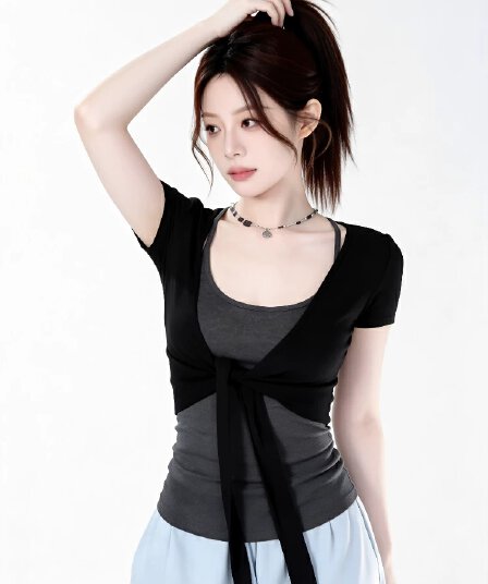 사람들 면 260 그램 스트랩 반팔 오픈 가디건 슬립 두 조각 여성 세트 여름 외부 가져 가라. 몸매 가꾸기 쇼트 스타일 숄 작은 맨위