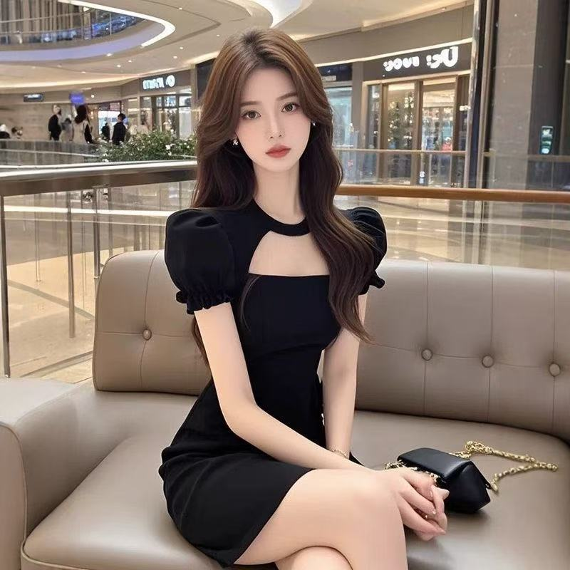 프랑스식 그는 벤 바람 검정색 광장 칼라 거품 소매 타이트 스커트 작은 검은 드레스 여성 여름 순수한 욕망 바람 품격 허리 수축 드레스