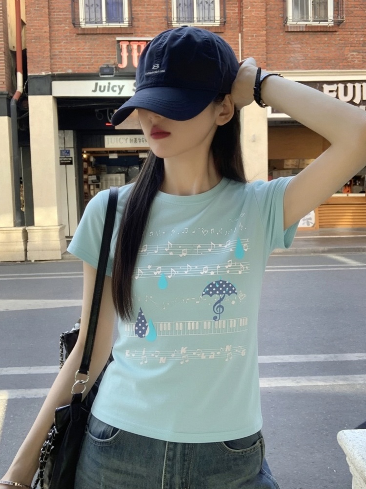 오리지널 빛 아시아 인 소녀 참고 프린트 긍정적 인 어깨 반팔 티셔츠 여성 여름 한 부서 몸매 가꾸기 슬림해 보이는 작은 대중 짧은 맨위