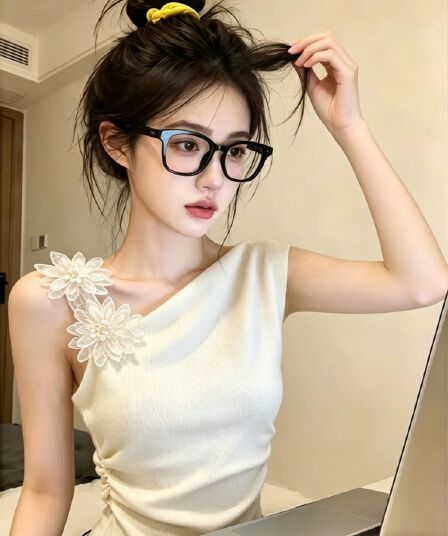 3 차원 꽃 비스듬한 어깨 민소매 캐미솔 여름 새로운 디자인 센스 허리 수축 슬림해 보이는 품격 다용도 맨위