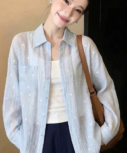 얇은 스타일 꽃무늬 셔츠 여름 루즈핏 긴팔 느긋한 캐주얼 셔츠 오픈 가디건 여성 의류