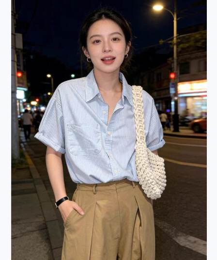 파란색 스트라이프 반팔 여성 셔츠 디자인 센스 작은 대중 여름 새로운 느긋한 루즈핏 캐주얼 다용도 셔츠 맨위