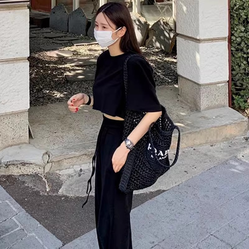 한국 chic 여름 미니멀리즘 라운드 넥 단색 풀오버 반팔 티셔츠 하이웨이스트 레이스업 트임 와이드 레그 팬츠 긴 바지 여성