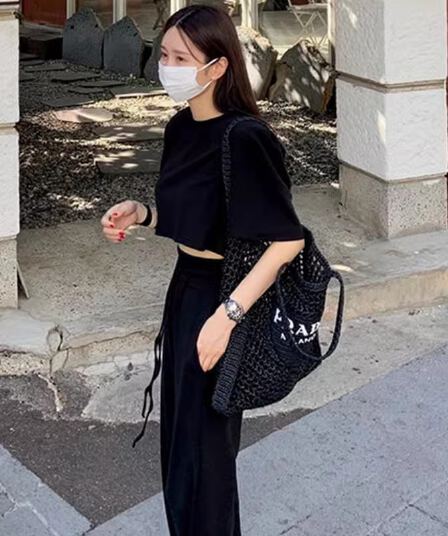 한국 chic 여름 미니멀리즘 라운드 넥 단색 풀오버 반팔 티셔츠 하이웨이스트 레이스업 트임 와이드 레그 팬츠 긴 바지 여성