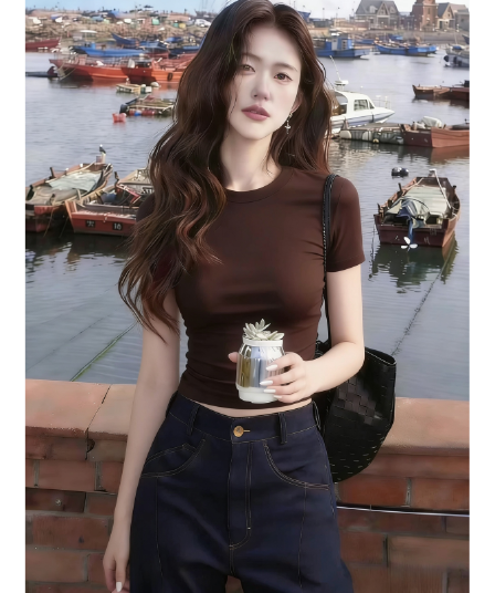 40 260 그램 순면 당겨 프레임 긍정적 인 어깨 브라운 반팔 티셔츠 여성 여름 몸매 가꾸기 허리 수축 인사이드 가져 가라. 기본 셔츠 맨위