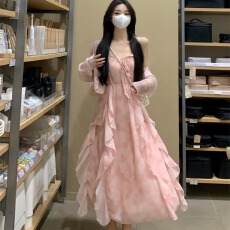 批发粉色碎花温柔风吊带裙<b class='q'>开衫</b>两件套小个子仙女连衣裙春夏装裙子套装