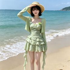 批发海边度假风小清新森系吊带荷叶边设计感碎花连衣裙防晒开衫套装
