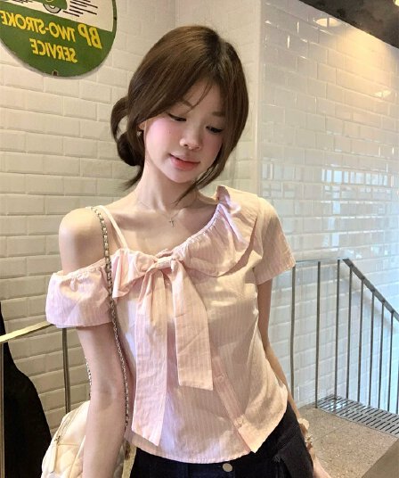 핑크색 스트라이프 나비 매듭 오프숄더 반팔 여성 셔츠 여름 작은 키 달콤함 디자인 센스 프랑스식 부드러운 맨위