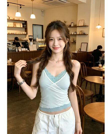 순수한 욕망 핫걸 스택 착용 페이크 레이어드 레이스 캐미솔 여름 외출용 새로운 고유 한 슈퍼 잘 생긴 민소매 맨위