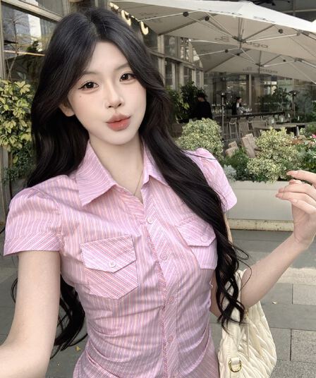 디자인 센스 연령 감소 체크무늬 반팔 여성 셔츠 여름 새로운 주름 허리 수축 슬림해 보이는 작은 키 다용도 맨위