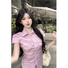 批发设计感减龄格纹短袖衬衫女夏季<b class='q'>新款</b>褶皱收腰显瘦小个子百搭上衣