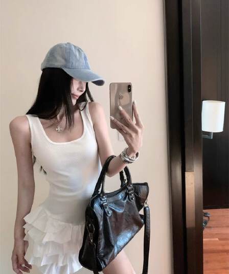 달콤함 화이트 슬립 여성 드레스 여름 몸매 가꾸기 허리 수축 프릴 케이크 치마 발레 바람 한 마디 미니 스커트