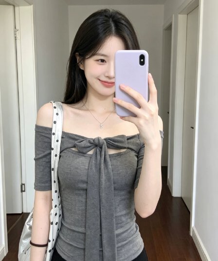 40 순면 면 컬러 짜임 기사 오프숄더 티셔츠 여성 여름 나비 매듭 스트랩 몸매 가꾸기 오프숄더 반소매 맨위