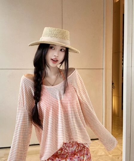 한국 스타일 순수한 욕망 바람 스트라이프 자외선 차단 블라우스 긴팔 티셔츠 여성 디자인 센스 작은 대중 캐미솔 투피스 세트 맨위