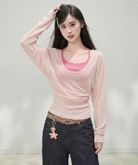 사람들 면 260 그램 조끼 자외선 차단 블라우스 긴팔 티셔츠 여성 여름 에어컨 셔츠 슬립 맨위 달콤함 투피스 세트