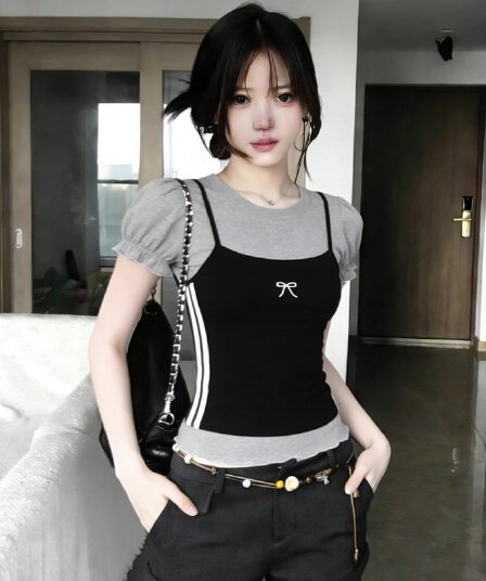 사람들 면 260 그램 페이크 레이어드 버블 반팔 티셔츠 여성 여름 몸매 가꾸기 새로운 슬림해 보이는 스택 착용 품격 핫걸 맨위