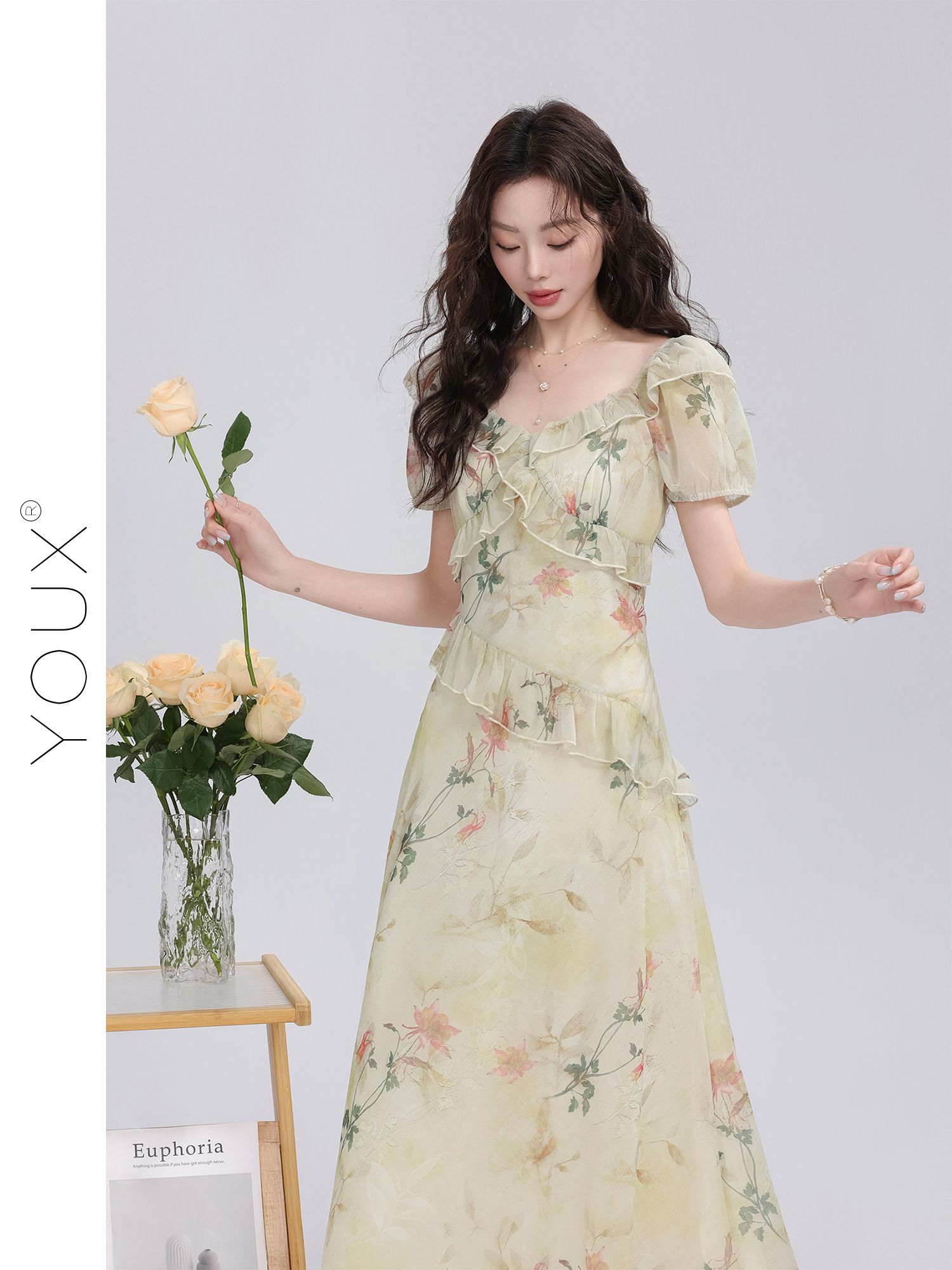 다시 레인 숲 속삭임 꽃무늬 여성 드레스 20256 여름 새로운 작은 대중 부드러운 센스 연꽃 잎 레이스 롱 스커트
