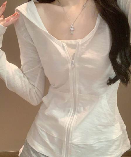 순수한 욕망 바람 miu 부서 화이트 후드 지퍼 자외선 차단 얇은 스타일 재킷 오픈 가디건 여성 봄 2026 긴팔 티셔츠 맨위