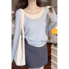 批发少女感ins浅蓝色假两件上衣2026春夏小众韩系减龄<b class='q'>长袖</b>内搭打底衫