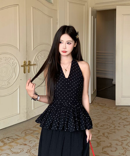 2026 프랑스식 백리스 품격 도트 무늬 행침 목 캐미솔 여름 슬림해 보이는 민소매 맨위 여성