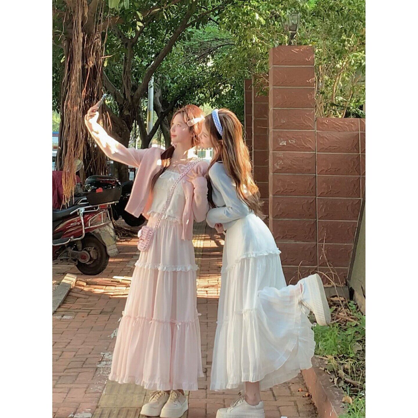 일본식 달콤함 작은 청신 소녀 나비 매듭 하이웨이스트 슬림해 보이는 대 치마 반신 스커트 요정 롱 스커트 봄 새로운