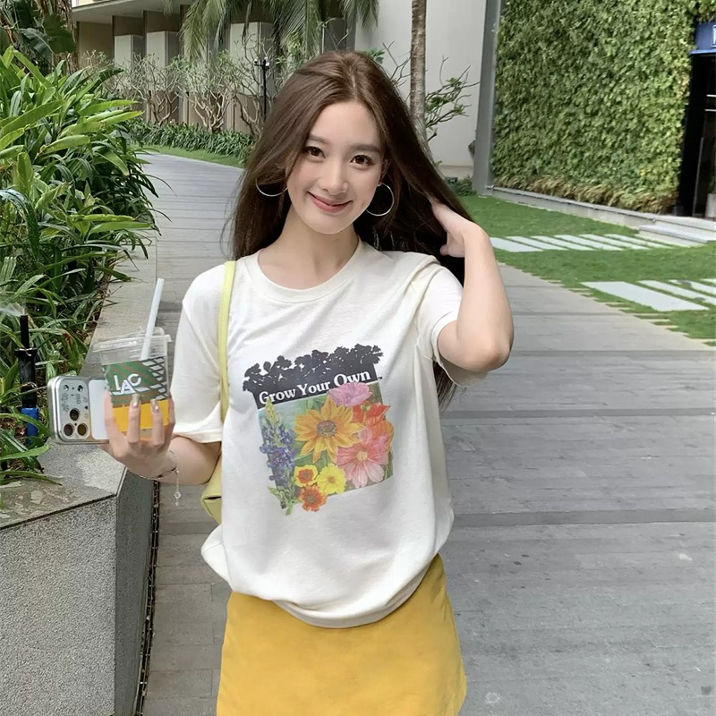 21 순면 210 그램 이후 패키지 칼라 여름 드레스 한 부서 반팔 티셔츠 여성 한국 스타일 루즈핏 빅 사이즈 프린트