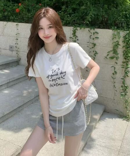 40 순면 220 그램 92 면 8 암모니아 Lun 긍정적 인 어깨 반팔 티셔츠 여성 프린트