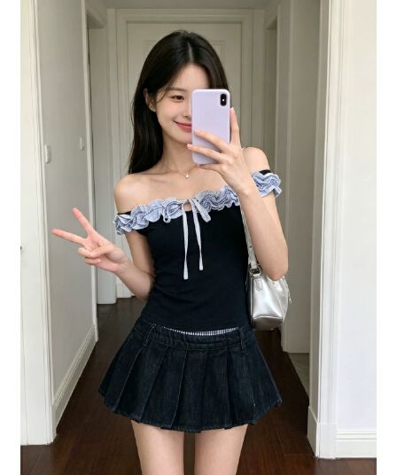 아메리칸 레트로 배색 프릴 레이스업 반팔 티셔츠 여성 여름 작은 키 허리 수축 핫걸 오프숄더 짧은 맨위
